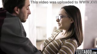 Nerdy teen student interviews a celebrated classmate of hers and lets him rail her unshaved twat