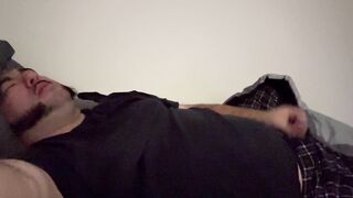 Fat man masturbates to climax and cum in daybed