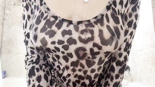 Soaked vs. Dry White Sheer Costume and Sheer Leopard Print Shirt.