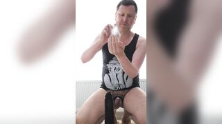 Dad huffs and rides sex toy. Cums with giant toy in gap.