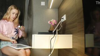 Hot and lustful constricted vagina college beauty takes denim shorts off to flash twat lips slides in her hawt underware pants