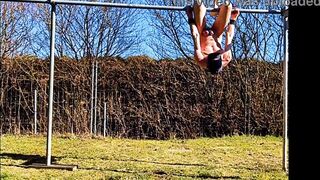 exposed pathetic white serf public outdoor in knob cage do fitness and swings at his homosexual balls, CMNM