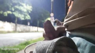 Risky masturbation with a glamorous redhead at the bus stop!