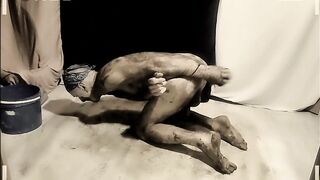 nude pathetic real ribald pathetic thrall with petite uncut jock after mud wrestling fastened up, cleans his chamber, with sex tool in homosexual butt makes greater quantity pleasure, CMNM