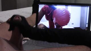 Gift to my massive fan: tugjob in gloves, whilst is watching one of my videos, with spunk fountain