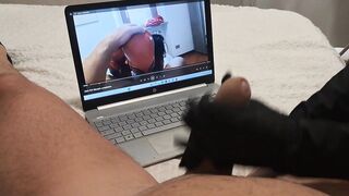 mother I'd like to fuck jerks off a large weenie until this chab cums on her gloves POV