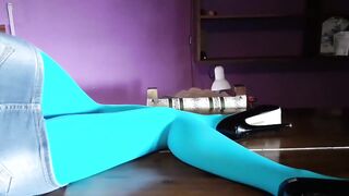 mother I'd like to fuck with glamorous legs in hose and heels lying on the table