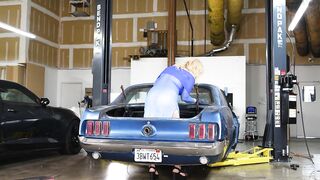 ASMR: Breasty Golden-haired Checks Car in Transparent Suit showing her BUTT