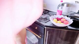 Older sexually excited woman has sex in the kitchen with her stepson during the time that her spouse is watching TV