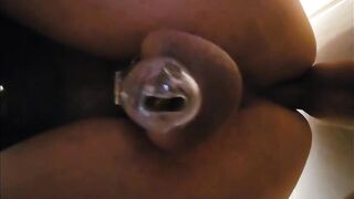 Mounted sex tool anal ride with cum oozing chastity