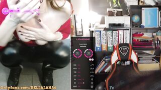 Teacher in leather leggings and boots is masturbating beneath her desk during the class (lush control)