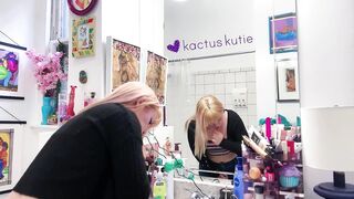 large butt golden-haired desperately pees in WC