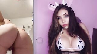 Karely Ruiz and her large breasts in cow-print underware