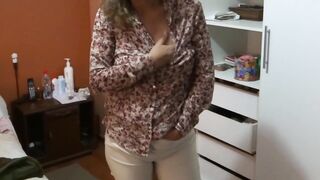 Mother acquiesces to show off in front of stepson so this chab masturbates and cums