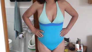 Clip 1 of three - My bushy wife, Latin mother shows off on the beach, bikini, masturbation, screws, cums