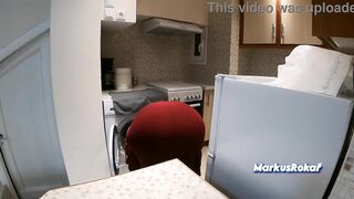 Stepmom in Kitchen Told NO Sex! - Allows Stepson Merely Stroking & Jizz flow on her Chubby Butt