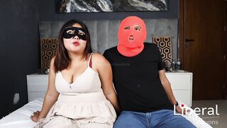 Cuckold blindfolds his wife and makes her suck 2 strangers' weenies.