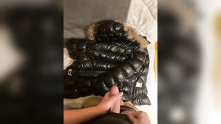 Great tugjob and cum on my girlfriend puffy jacket