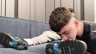 Bottom sniffs perspired socks and gets a creampie