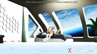 A hot female adroid transsexual plays with a youthful golden-haired in the space station