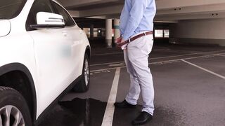 Office Stud Doesn't Make It! Public Desperation, Wetting, Pissing and Cumming in the Parking Garage