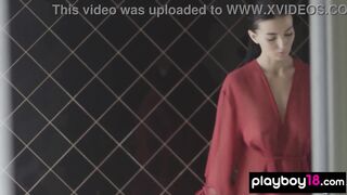 Breasty all natural brunette hair girl teasing in the baths