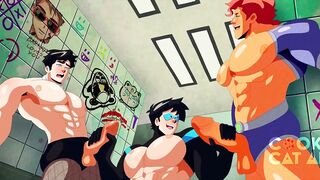 TEASER: Boy Trio, muscle dude riding a sex toy during the time that giving a double tugjob