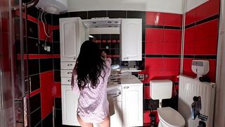 Hawt tiny brunette hair sweetheart in the bath prepares for a night out in pants and a shirt