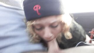 Sexy youthful cumslut sucks jock and swallows in car during the time that vibing with her hitachi