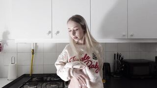 Amazingly charming small blond hawt college cutie in her dormitory kitchen getting willing for Christmas Party