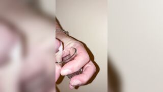 Collecting my thick sticky load in a discharged glass, hands free spunk fountain