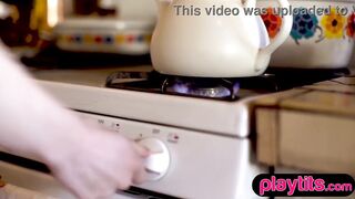 Slim blond gal undresses and exposes her large breasts and soaked booty