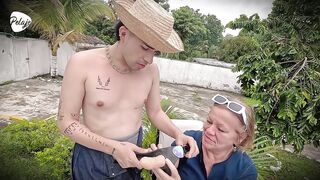 Grandma has bad intentions and convinces gardener to let her bang him in the booty with the belt-on