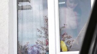 Public nudity Stripped in public. Taxi driver watching a sexy hot woman mother I'd like to fuck which in robe out of pants and brassiere clean kitchen window Outdoors Outside Tits Large natural melons Unshaved vagina Golden-haired Voyeur