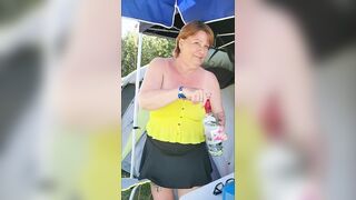 Very Public Cunt Play at the camp ground with close-up audience. Comedy Porn