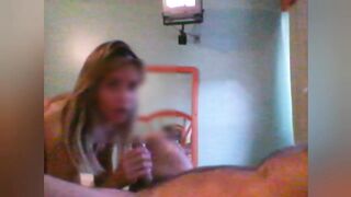 Pretty golden-haired Annick screws, sucks, squirts and takes cum in her throat