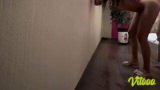 Charming Latin babe banging standing up - that babe likes to screw like a whore