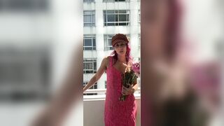 BALCONY EXHIBITIONIST! Tiny redhead widening her legs for a toy session outdoors ????️????????