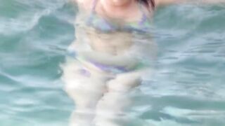 My wife shows off on the beach, masturbates, and gets cummed in her cunt—real cuckold.