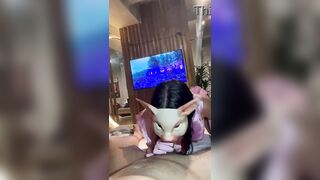 Blue eyes Lalin girl likes having knob in her throat