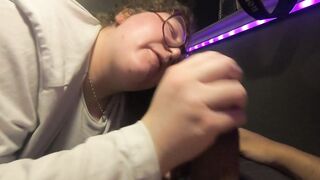 white chubby nerd gal gives blow job to mixed schlong and watches him cum