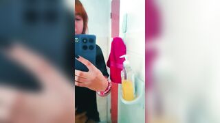 Curvy Redhead Mirror Selfie: Lifts Shirt to Show Biggest Natural Boobs in Bath