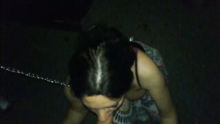 Aged whore gives outdoor oral with cum in throat