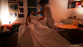 Professional masseur makes a stranger woman cum three times and cums on her abdomen