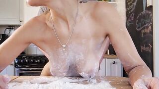 Hawt wife with fantastic natural titties gets her twat filled during the time that working in the kitchen.