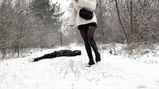 Outdoor Trampling in Snow with Over Knee Boots