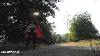 Public flashing, hotwife Ella lets her costume fall off when a car drives by - EllaExhib