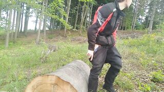 Amateur Outdoor Solo Boy - In nature's garb Jerking off on Log in Motorbike Jacket