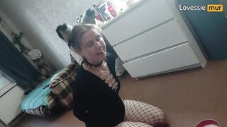 Hot kitty eats from a bowl and licks her taskmaster's feet - Lovessie