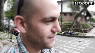 Slender Curvy Black Latin babe Teases His Dick on the Street, Goes Home to Bang Him... Can't Stop Smiling at His Penis